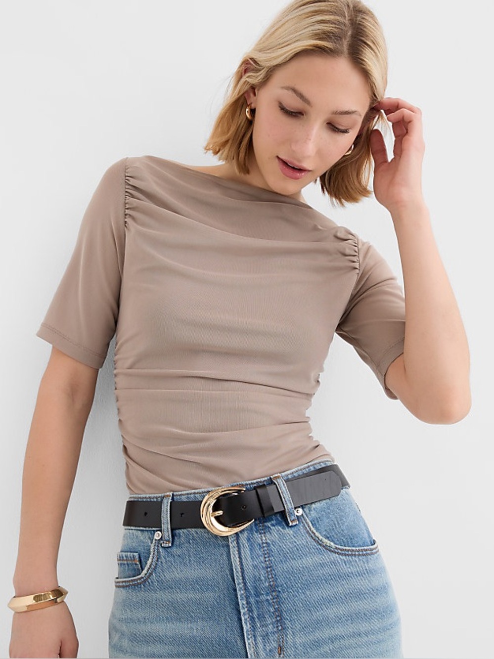 NWT LOFT Mesh Ruched Boatneck Top Medium